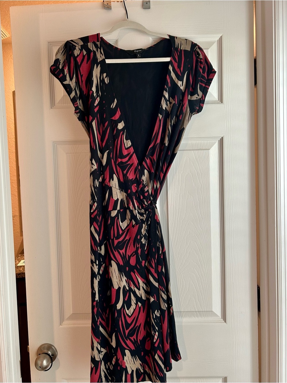 Express Black, Pink & Cream Abstract Wrap Dress with Tie Waist